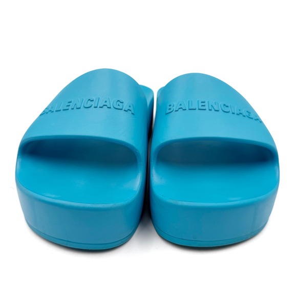 Balenciaga Blue Platform Rubber Slides Sandals Pool Beach Logo Sz 7 Women's - Picture 5 of 9